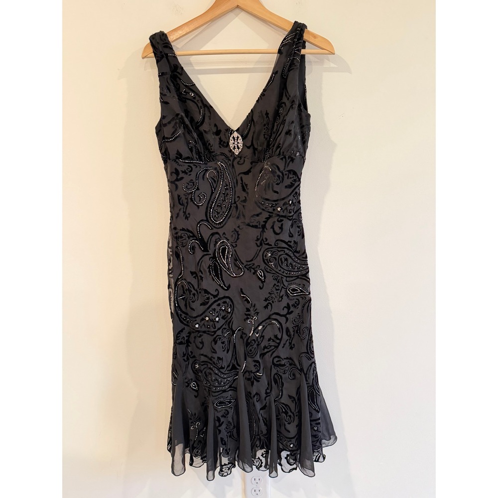SL Fashions Black Paisley Velvet Burnout Rhinestone Godet Hem Dress Size 10